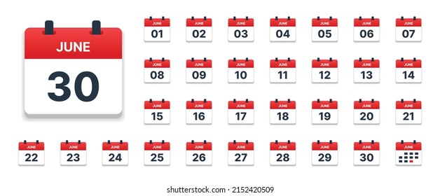 Calendar June from 01 to 30 design template collection. June Calendar vector illustration.