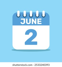 calendar june 2 blue color icon, paper planning design.