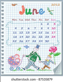 Calendar for June 2012. Week starts on Monday. Leaf torn from a notebook into a cell. Exercise book in a cage. Illustration of father's day