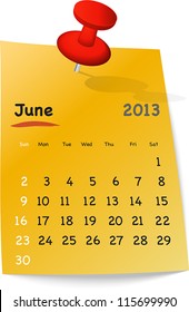 Calendar for june 2013 on orange sticky note attached with red pin. Sundays first. Vector illustration