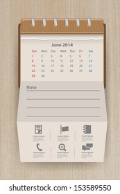 Calendar june 2014, Creative folded paper with business icon on wood texture background, workflow layout, diagram, step up options, web banner template, Vector illustration modern template design