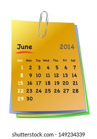 Calendar for june 2014 on colorful sticky notes attached with metallic clip. Sundays first. Vector illustration