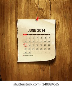 Calendar June 2014, vintage paper on wood background, vector illustration