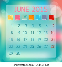 Calendar June 2015. Flat style background.
