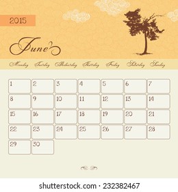 Calendar for June 2015 starting Monday, vector calendar set