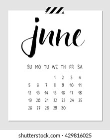 Calendar June 2016 with a calligraphy brush lettering headline. Vector illustration