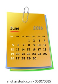 Calendar for june 2016 on colorful sticky notes attached with metallic clip. Sundays first. Vector illustration