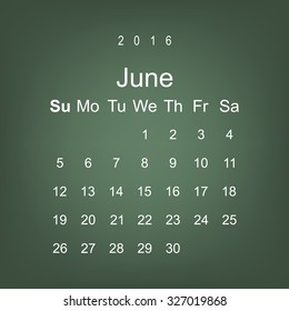 Calendar June 2016 vector design. Week starts from Sunday.