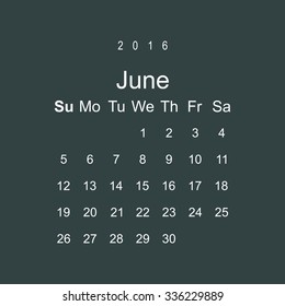 Calendar June 2016 vector design. Week starts from Sunday.