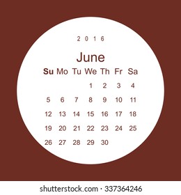 Calendar June 2016 vector design. Week starts from Sunday.
