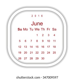 Calendar June 2016 vector design. Week starts from Sunday.