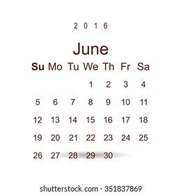 Calendar June 2016 vector design. Week starts from Sunday. icon