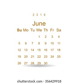 Calendar June 2016 vector design. Week starts from Sunday. icon