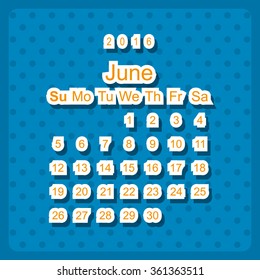 Calendar June 2016 vector design. Week starts from Sunday. icon, vector illustration. Modern design. Flat design style