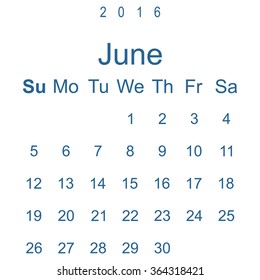 Calendar June 2016 vector design. Week starts from Sunday. icon, vector illustration. Modern design. Flat design style