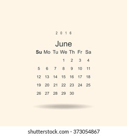 Calendar June 2016 vector design. Week starts from Sunday.