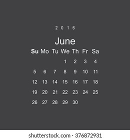 Calendar June 2016 vector design. Week starts from Sunday.