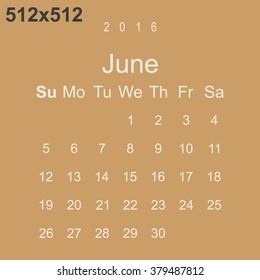 Calendar June 2016 vector design. Week starts from Sunday.