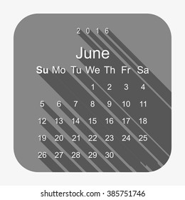 Calendar June 2016 vector design. Week starts from Sunday.