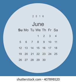 Calendar June 2016 vector design. Week starts from Sunday.