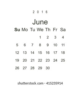 Calendar June 2016 vector design. Week starts from Sunday.