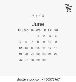 Calendar June 2016 vector design. Week starts from Sunday.