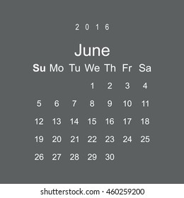 Calendar June 2016 vector design. Week starts from Sunday.
