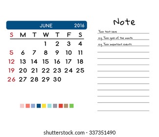 Calendar for June 2016. Week Starts Sunday. Clean and Simple Vector Template with color palette