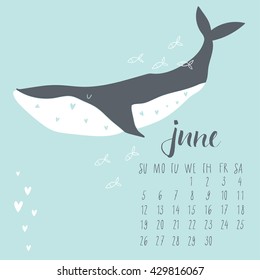 Calendar for june 2016 with whale