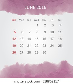 Calendar for june 2016.Vector illustration.