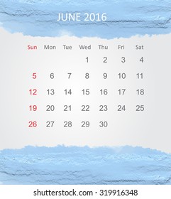 Calendar for june 2016.Vector illustration.
