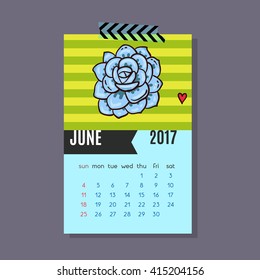 Calendar for June 2017 of cacti, succulents in a contemporary style on a blue background and patterns. Vector.