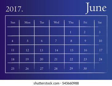 Calendar for June 2017. June 2017 Calendar Icon Vector flat design style