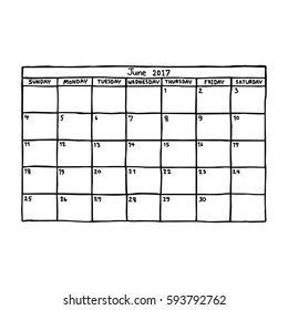 calendar June 2017 - vector illustration sketch hand drawn with black lines, isolated on white background