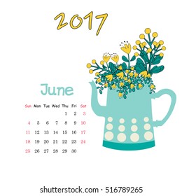 Calendar June 2017. Vector Template.  Week starts Sunday