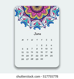 Calendar June 2017. Vintage decorative colorful elements. Ornamental floral oriental pattern. Vector illustration with Islam, Arabic, Indian, turkish, pakistan chinese ottoman motifs.