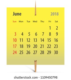 Calendar for June 2018 on a yellow sticker attached with toothpick. Vector illustration