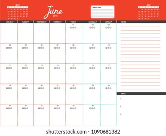 Calendar June 2018 Planner organizational