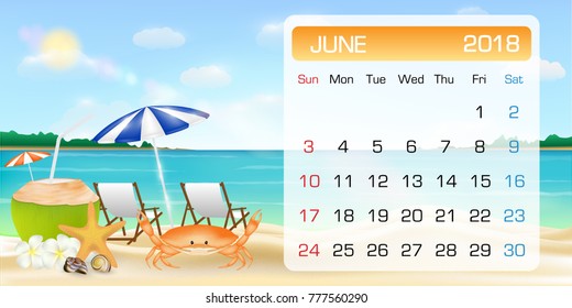 calendar of JUNE 2018 theme summer beach relax