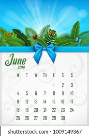 Calendar June 2018 with tropical concept. Vector Illustration
