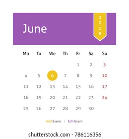 Calendar June 2018 vector design. Week starts from Monday.