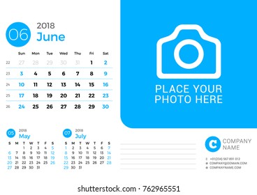 Calendar for June 2018 year. Vector design print template with place for photo. Week starts on Sunday