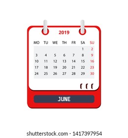 Calendar June 2019 In Flat Style. Vector Illustration