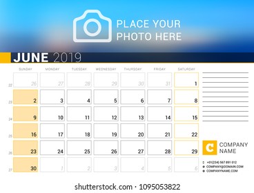 Calendar for June 2019. Vector Design Print Template with Place for Photo, Logo and Contact Information. Week Starts on Sunday. Calendar Grid with Week Numbers and Place for Notes