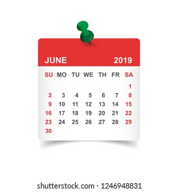 Calendar june 2019 year in paper sticker with pin. Calendar planner design template. Agenda june monthly reminder. Business vector illustration.