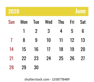 Calendar for June 2020. Colored hat, holidays in red, white background. Flat style. Week starts on Sunday. Vector