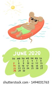 Calendar for June 2020 with a mouse resting in the pool. Vector graphics.