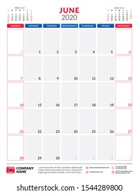 Calendar for June 2020. Planner stationery design template. Portrait orientation. Week starts on Sunday