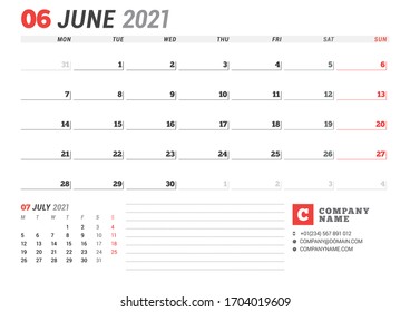 Calendar  for June 2021. Business monthly planner. Stationery design. Week starts on Monday. Vector illustration