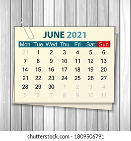 Calendar June 2021 on wood background. Vector illustration.